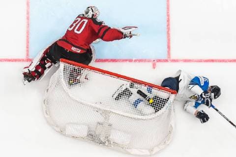 190526 Goaltender Matt Murray of Canada and Jere Sallinen of Finland during the 2019 IIHF Ice Hockey World Championship gold medal game between Canada and Finland on May 26, 2019 in Bratislava Photo Joel Marklund BILDBYRAN kod JM 87962,  Copyright: JOELxMARKLUND BB190526JM060