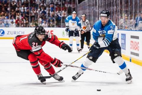 190526 Mathieu Joseph of Canada and Juho Lammikko of Finland during the 2019 IIHF Ice Hockey World Championship gold medal game between Canada and Finland on May 26, 2019 in Bratislava Photo Joel Marklund BILDBYRAN kod JM 87962,  Copyright: JOELxMARKLUND BB190526JM061