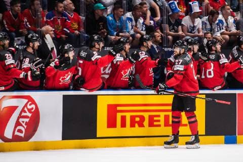 190526 Shea Theodore of Canada celebrate with teammates after 1 0 during the 2019 IIHF Ice Hockey World Championship gold medal game between Canada and Finland on May 26, 2019 in Bratislava Photo Joel Marklund BILDBYRAN kod JM 87962,  Copyright: JOELxMARKLUND BB190526JM062
