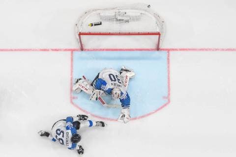 190526 Shea Theodore of Canada not in picture score 1 0 behind goaltender Kevin Lankinen and Atte Ohtamaa of Finland during the 2019 IIHF Ice Hockey World Championship gold medal game between Canada and Finland on May 26, 2019 in Bratislava Photo Joel Marklund BILDBYRAN kod JM 87962,  Copyright: JOELxMARKLUND BB190526JM063