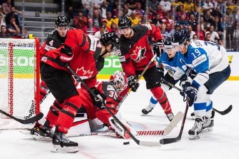 190526 Dante Fabbro, Adam Henrique, goaltender Matt Murray and Damon Severson of Canada against Harri Pesonen and Veli Matti Savinainen of Finland during the 2019 IIHF Ice Hockey World Championship gold medal game between Canada and Finland on May 26, 2019 in Bratislava Photo Joel Marklund BILDBYRAN kod JM 87962,  Copyright: JOELxMARKLUND BB190526JM065