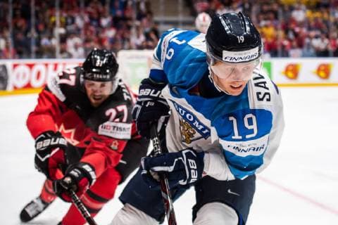 190526 Shea Theodore of Canada and Veli Matti Savinainen of Finland during the 2019 IIHF Ice Hockey World Championship gold medal game between Canada and Finland on May 26, 2019 in Bratislava Photo Joel Marklund BILDBYRAN kod JM 87962,  Copyright: JOELxMARKLUND BB190526JM066