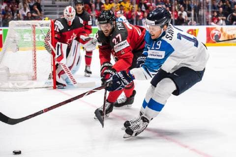 190526 Shea Theodore of Canada and Veli Matti Savinainen of Finland during the 2019 IIHF Ice Hockey World Championship gold medal game between Canada and Finland on May 26, 2019 in Bratislava Photo Joel Marklund BILDBYRAN kod JM 87962,  Copyright: JOELxMARKLUND BB190526JM067