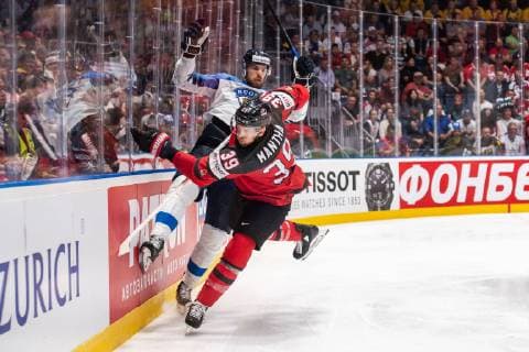 190526 Jani Hakanpää of Finland and Anthony Mantha of Canada during the 2019 IIHF Ice Hockey World Championship gold medal game between Canada and Finland on May 26, 2019 in Bratislava Photo Joel Marklund BILDBYRAN kod JM 87962,  Copyright: JOELxMARKLUND BB190526JM074