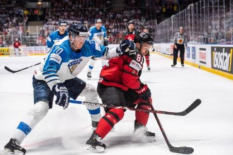 190526 Niko Mikkola of Finland and Jonathan Marchessault of Canada during the 2019 IIHF Ice Hockey World Championship gold medal game between Canada and Finland on May 26, 2019 in Bratislava Photo Joel Marklund BILDBYRAN kod JM 87962,  Copyright: JOELxMARKLUND BB190526JM076