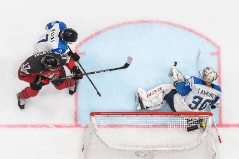 190526 Dylan Strome of Canada against Oliwer Kaski and goaltender Kevin Lankinen of Finland during the 2019 IIHF Ice Hockey World Championship gold medal game between Canada and Finland on May 26, 2019 in Bratislava Photo Joel Marklund BILDBYRAN kod JM 87962,  Copyright: JOELxMARKLUND BB190526JM078