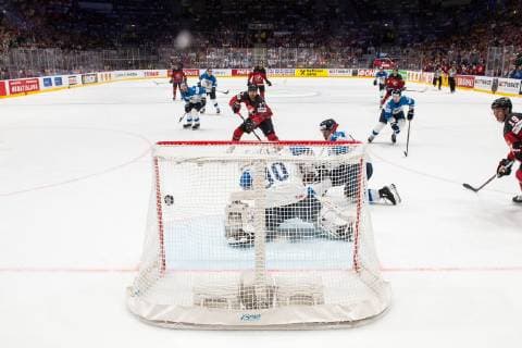 190526 Shea Theodore of Canada scores 1 0 behind goaltender Kevin Lankinen of Finland during the 2019 IIHF Ice Hockey World Championship gold medal game between Canada and Finland on May 26, 2019 in Bratislava Photo Joel Marklund BILDBYRAN kod JM 87962,  Copyright: JOELxMARKLUND BB190526JM080
