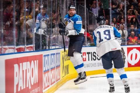 190526 Marko Anttila of Finland celebrates after scoring 1 2 during the 2019 IIHF Ice Hockey World Championship gold medal game between Canada and Finland on May 26, 2019 in Bratislava Photo Joel Marklund BILDBYRAN kod JM 87962,  Copyright: JOELxMARKLUND BB190526JM085