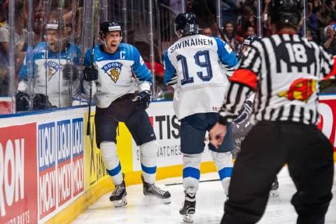 190526 Marko Anttila of Finland celebrates after scoring 1 2 during the 2019 IIHF Ice Hockey World Championship gold medal game between Canada and Finland on May 26, 2019 in Bratislava Photo Joel Marklund BILDBYRAN kod JM 87962,  Copyright: JOELxMARKLUND BB190526JM087
