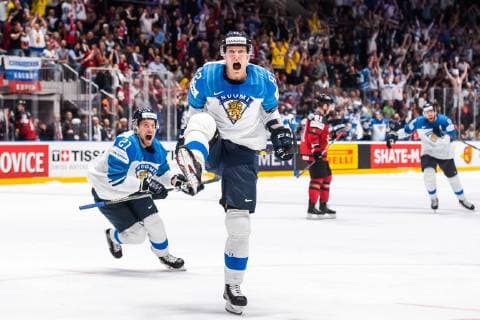 190526 Juhani Tyrväinen and Harri Pesonen of Finland celebrate after 1 3 during the 2019 IIHF Ice Hockey World Championship gold medal game between Canada and Finland on May 26, 2019 in Bratislava Photo Joel Marklund BILDBYRAN kod JM 87962,  Copyright: JOELxMARKLUND BB190526JM094