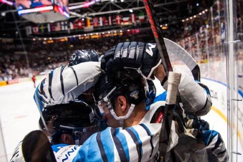 190526 Harri Pesonen of Finland celebrate with Jani Hakanpää and Sakari Manninen after 1 3 during the 2019 IIHF Ice Hockey World Championship gold medal game between Canada and Finland on May 26, 2019 in Bratislava Photo Joel Marklund BILDBYRAN kod JM 87962,  Copyright: JOELxMARKLUND BB190526JM099