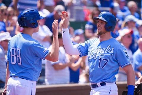 May 26, 2019: Kansas City Royals first baseman Hunter Dozier (17) celebrates his home run with a high five from the bat boy during an American League game between the New York Yankees and the Kansas City Royals held at Kaufmann Stadium in Kansas City, MO CSM MLB, Baseball Herren, USA 2019: Yankees vs Royals May 26 - ZUMAc04_ 20190526_zaf_c04_227 Copyright: xRichardxUlreichx