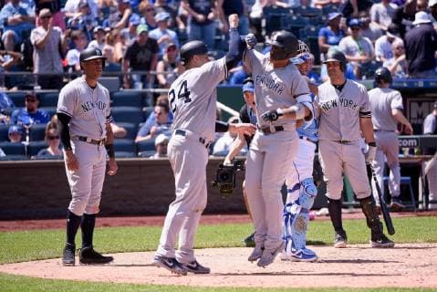 May 26, 2019:New York Yankees shortstop Gleyber Torres (25) with the arm bumo celebrating his home run with New York Yankees catcher Gary S¡nchez (24) during an American League game between the New York Yankees and the Kansas City Royals held at Kaufmann Stadium in Kansas City, MO CSM MLB, Baseball Herren, USA 2019: Yankees vs Royals May 26 - ZUMAc04_ 20190526_zaf_c04_238 Copyright: xRichardxUlreichx