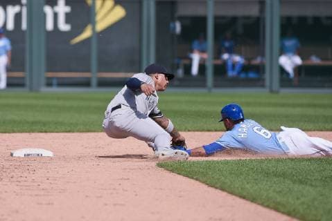 May 26, 2019: Kansas City Royals center fielder Billy Hamilton (6) slides in on a steal attempt knocking the ball away from New York Yankees shortstop Gleyber Torres (25) during an American League game between the New York Yankees and the Kansas City Royals held at Kaufmann Stadium in Kansas City, MO CSM MLB, Baseball Herren, USA 2019: Yankees vs Royals May 26 - ZUMAc04_ 20190526_zaf_c04_255 Copyright: xRichardxUlreichx