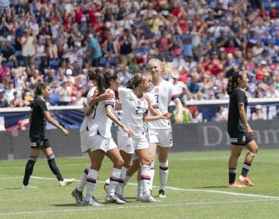 NY: Women USA vs Mexico friendly game Mallory Pugh (2) of USA celebrates with teammates scoring goal during friendly game against Mexico as preparation for Womens World Cup on Red Bull Arena USA won 3 - 0 Harrison New Jersey United States Red Bull Arena  LevxRadin PacificxPress