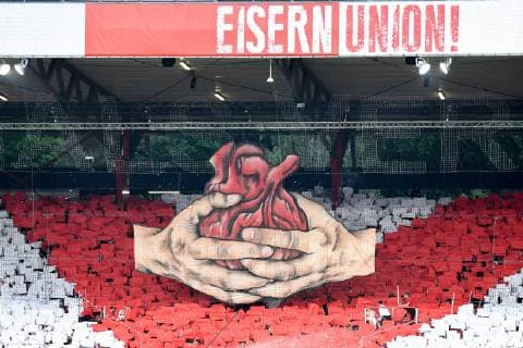 Fans of Union Berlin show choreography, fans, audience, spectators, mood, atmosphere, stadium, 27 05 2019, Berlin, football, delegation to the Bundesliga, 1 FC Union Berlin VfB Stuttgart, DFB DFL REGULATIONS PROHIBIT ANY USE OF PHOTOGRAPHS AS IMAGE SEQUENCES AND OR QUASI VIDEO xslx