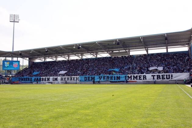 Chemnitz, 25 05 2019, Stadion Chemnitz, Soccer, Wernesgrüner Saxony Cup Final , Chemnitzer FC vs FSV Zwickau 2 0 1 0 , In the picture fans of Chemnitzer FC show Choreo at the beginning of the game Our colors in the heart, always faithful to the club