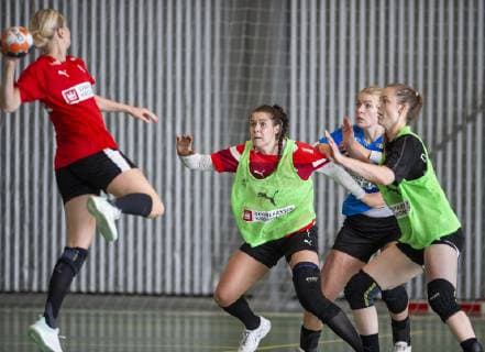 Stine Joergensen, Stine Bodholt, Kathrine Heindahl and Anne Mette Hansen at the national team training before World Cup matches against Switzerland in Hafnia Hallen, Tuesday 28 May 2019, Copenhagen Denmark,  Copyright: Scanpix LiselottexSabroex cop103 spdk20190528-124450-L
