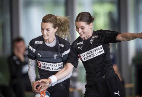 Nadia Offendal and Mie Hoejlund at the national team training before World Cup matches against Switzerland in Hafnia Hallen, Tuesday 28 May 2019, Copenhagen Denmark,  Copyright: Scanpix LiselottexSabroex cop103 spdk20190528-124618-L