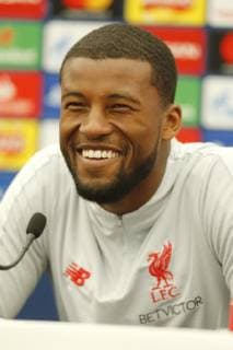 28th May 2019, Melwood Training Ground, West Derby, Liverpool, England; Liverpool FC training and press conference, PK, Pressekonferenz before their UEFA Champions League final versus Tottenham Hotspur on June 1st; Georginio Wijnaldum of Liverpool speaking to the media during today s press conference at the club s Melwood training ground  ActionPlus12138928 AlanxMartin