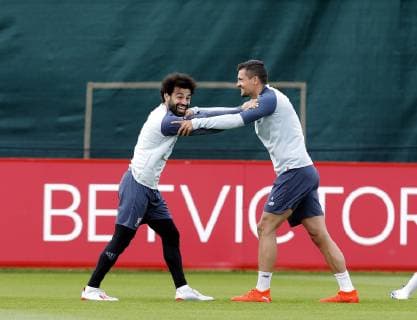 Sport Bilder des Tages 28th May 2019, Melwood Training Ground, West Derby, Liverpool, England; Liverpool FC training and press conference, PK, Pressekonferenz before their UEFA Champions League final versus Tottenham Hotspur on June 1st; Mohamed Salah and Dejan Lovren of Liverpool share a joke during today s open training session at the club s Melwood training ground ahead of Saturday s Champions League Final in Madrid against Tottenham  ActionPlus12138942 AlanxMartin