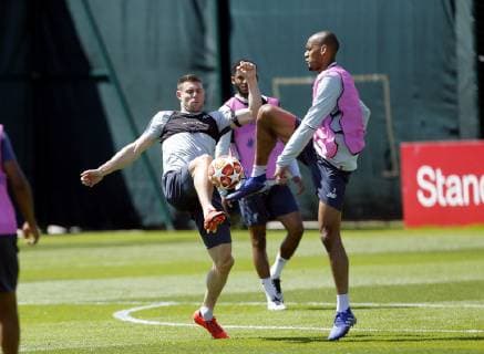28th May 2019, Melwood Training Ground, West Derby, Liverpool, England; Liverpool FC training and press conference, PK, Pressekonferenz before their UEFA Champions League final versus Tottenham Hotspur on June 1st; James Milner and Fabinho of Liverpool during today s open training session at the club s Melwood training ground  ActionPlus12138965 AlanxMartin