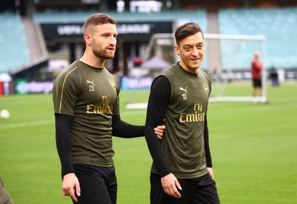 SOCCER - EL, Chelsea vs Arsenal BAKU,AZERBAIJAN,28.MAY.19 - SOCCER - UEFA Europa League, final, Chelsea FC vs Arsenal FC, preview, training Arsenal. Image shows Shkodran Mustafi and Mesut Oezil (Arsenal). GEPAxpictures xCh.xKelemen