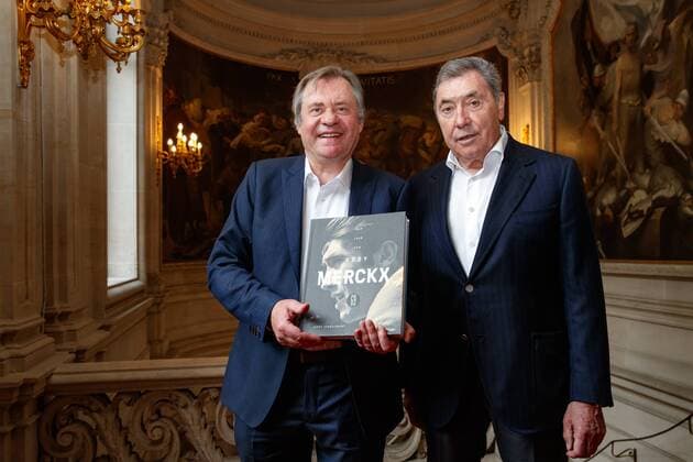VRT journalist Johny Vansevenant and Former Belgian cyclist Eddy Merckx pictured during a press presentation of the book entitled 1969 - Het jaar van Eddy Merckx 1969, l annee de Eddy Merckx on cycling champion Eddy Merckx, written by VRT journalist Johny Vansevenant, Wednesday 29 May 2019, in Brussels. KURTxDESPLENTER  x05594686x