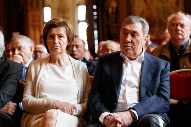 Former Belgian cyclist Eddy Merckx and his wife Claudine Acou pictured during a press presentation of the book entitled 1969 - Het jaar van Eddy Merckx 1969, l annee de Eddy Merckx on cycling champion Eddy Merckx, written by VRT journalist Johny Vansevenant, Wednesday 29 May 2019, in Brussels. KURTxDESPLENTER  x05594701x