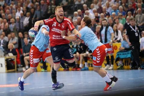 SG Flensburg Handewitt vs Fuechse Berlin, Handball, 1 Bundesliga, 29 05 19 Jim Gottfridsson SG Flensburg Handewitt, 24 against Mijajlo Marsenic Fuechse Berlin, 93 and Mattias Zachrisson Fuechse Berlin, 21 xmmkx