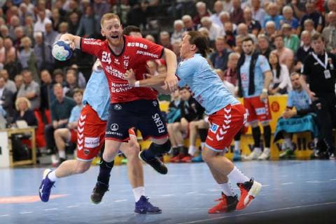 SG Flensburg Handewitt vs Fuechse Berlin, Handball, 1 Bundesliga, 29 05 19 Jim Gottfridsson SG Flensburg Handewitt, 24 against Mijajlo Marsenic Fuechse Berlin, 93 and Mattias Zachrisson Fuechse Berlin, 21 xmmkx