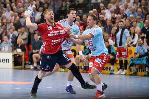 SG Flensburg Handewitt vs Fuechse Berlin, Handball, 1 Bundesliga, 29 05 19 Jim Gottfridsson SG Flensburg Handewitt, 24 against Mijajlo Marsenic Fuechse Berlin, 93 and Mattias Zachrisson Fuechse Berlin, 21 xmmkx