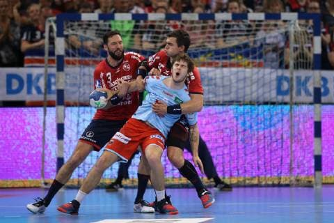 SG Flensburg Handewitt vs. Fuechse Berlin, Handball, 1 Bundesliga, 29 05 19 Jacob Tandrup Holm Fuechse Berlin, 06 in circle against Tobias Karlsson SG Flensburg Handewitt, 03 and Rasmus Lauge Schmidt SG Flensburg Handewitt, 25 xmmkx