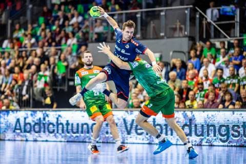 Jan Asmuth 23 SG BBM Bietigheim in duel with Zeljko Musa 2 SC Magdeburg , Mads Christiansen 20 SC Magdeburg during the season 2018 2019 in the 1 Handball Bundesliga Men between SC Magdeburg and SG BBM Bietigheim in the GETEC Arena on 29 May 2019 in Magdeburg, Sachsen Anhalt, Germany