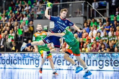 Jan Asmuth 23 SG BBM Bietigheim in duel with Zeljko Musa 2 SC Magdeburg , Mads Christiansen 20 SC Magdeburg during the season 2018 2019 in the 1 Handball Bundesliga Men between SC Magdeburg and SG BBM Bietigheim in the GETEC Arena on 29 May 2019 in Magdeburg, Sachsen Anhalt, Germany