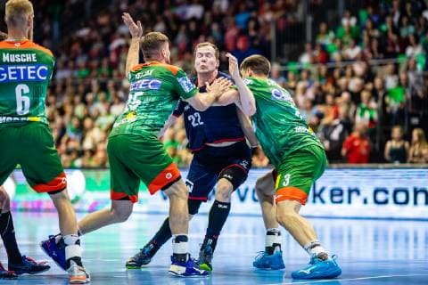 Jonas Link 22 SG BBM Bietigheim on ball, Piotr Chrapkowski 3 SC Magdeburg , Marko Bezjak 25 SC Magdeburg during the season 2018 2019 in the 1 Handball Bundesliga Men between SC Magdeburg and SG BBM Bietigheim in the GETEC Arena on 29 May 2019 in Magdeburg, Sachsen Anhalt, Germany
