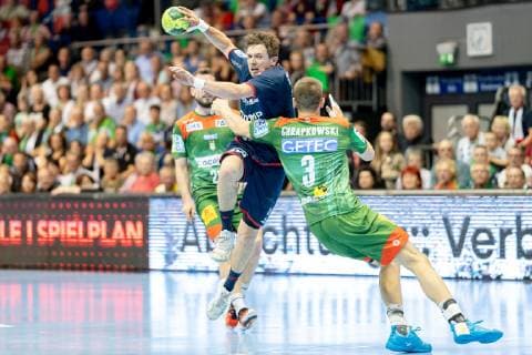 Jan Asmuth Nr 23 SG BBM Bietigheim is fouled in the air by Piotr Chrapkowski Nr 3 SC Magdeburg SC Magdeburg vs SG BBM Bietigheim SC Magdeburg vs SG BBM Bietigheim, Handball, DKB Handball Bundesliga, season 2018 2019, 29 05 2019 Magdeburg Copyright: xDanielxReinelt xEibner-Pressefotox EP_drt