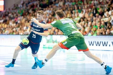 Maximilian Trost Nr 25 SG BBM Bietigheim vs. Piotr Chrapkowski Nr 3 SC Magdeburg SC Magdeburg vs. SG BBM Bietigheim SC Magdeburg vs. SG BBM Bietigheim, Handball, DKB Handball Bundesliga, Season 2018 2019, 29 05 2019 Magdeburg Copyright: xDanielxReinelt xEibner-Pressefotox EP_drt