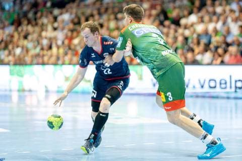 Jonas Link Nr 22 SG BBM Bietigheim vs. Piotr Chrapkowski Nr 3 SC Magdeburg SC Magdeburg vs. SG BBM Bietigheim SC Magdeburg vs. SG BBM Bietigheim, Handball, DKB Handball Bundesliga, Season 2018 2019, 29 05 2019 Magdeburg Copyright: xDanielxReinelt xEibner-Pressefotox EP_drt