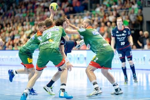 Diminik Claus Nr 7 SG BBM Bietigheim vs Marko Bezjak Nr 25 SC Magdeburg Zeljko Musa Nr 2 SC Magdeburg and Piotr Chrapkowski Nr 3 SC Magdeburg SC Magdeburg vs SG BBM Bietigheim SC Magdeburg vs SG BBM Bietigheim, Handball, DKB Handball Bundesliga, Season 2018 2019, 29 05 2019 Magdeburg Copyright: xDanielxReinelt xEibner-Pressefotox EP_drt