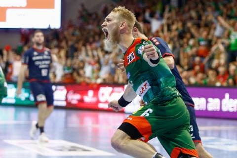 29 05 2019, xtgx, Handball DKB Bundesliga, SC Magdeburg SG Bietigheim emspor, v l Matthias Musche Magdeburg, 6 cheers, goal celebration, celebrate the goal, celebration GETEC Arena