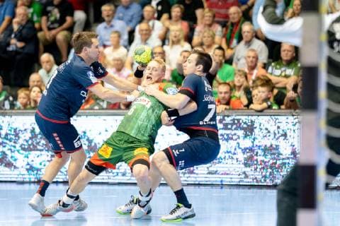 Matthias Musche Nr 6 SC Magdeburg is forced to the ground by Jan Asmuth Nr 23 SG BBM Bietigheim and Dominik Claus Nr 7 SG BBM Bietigheim SC Magdeburg vs SG BBM Bietigheim SC Magdeburg vs SG BBM Bietigheim, Handball, DKB Handball Bundesliga, Season 2018 2019, 29 05 2019 Magdeburg Copyright: xDanielxReinelt xEibner-Pressefotox EP_drt