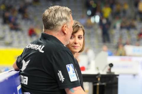 Rhein Neckar Loewen Die Eulen Ludwigshafen Mannheim, Germany 29 May 2019 Handball Bundesliga 33 Matchday, in the SAP Arena v li Trainer Nikolaj Jacobsen Loewen and Jennifer Kettemann Managing Director of Rhein Neckar Loewen , Aktion Einzelbild