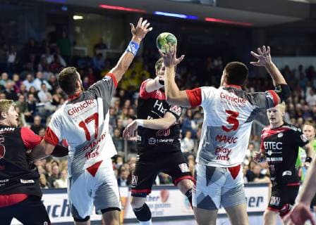 29 05 2019 Handball 1 Bundesliga DKB HBL Season 2018 2019 33 Matchday HC Erlangen Metropolregion Nürnberg HCE MT Melsungen OGo Felix Danner 17, MT Melsungen Nico Büdel 20, HC Erlangen Marino Maric 3, MT Melsungen