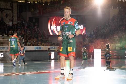 Matthias Musche Nr 6 SC Magdeburg with club and Ligatorschuetzenpokal SC Magdeburg vs SG BBM Bietigheim SC Magdeburg vs SG BBM Bietigheim, Handball, DKB Handball Bundesliga, season 2018 2019, 29 05 2019 Magdeburg Copyright: xDanielxReinelt xEibner-Pressefotox EP_drt