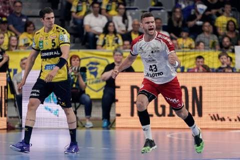 v li Vladan Lipovina RNL, 5 , goal scorer Kai Dippe Die Eulen, 43 , cheers on a goal, jubilation, goal jubilation, goal success, celebrate the goal, goal, celebration, jubilation about the goal, optimistic, game scene, highlight, action, action, 29 05 2019, Mannheim, handball, DKB Bundesliga, Rhein Neckar Löwen TSG Ludwigshafen Friesenheim The Owls xozx