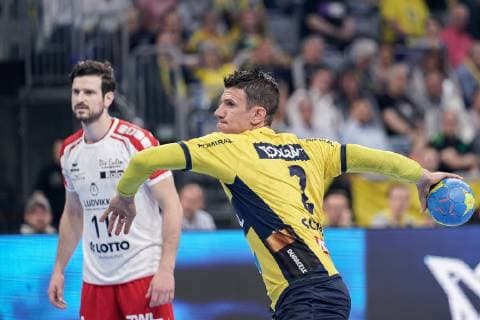 v li Jonathan Scholz The Owls, 11 , Andre Schmid Andy Schmid, RNL, 2 , Siebenmeter, 7 Meter, Strafwurf, Spielszene, Action, Aktion, 29 05 2019, Mannheim, Handball, DKB Bundesliga, Rhein Neckar Löwen TSG Ludwigshafen Friesenheim The Owls xozx