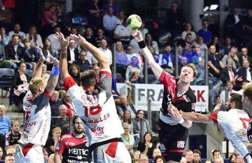 29 05 2019 Handball 1 Bundesliga DKB HBL Season 2018 2019 33 Matchday HC Erlangen Metropolitan Region Nuremberg HCE MT Melsungen OGo Lasse Mikkelsen 15, MT Melsungen Philipp Müller Mueller 18, MT Melsungen Nikolai Link 33, HC Erlangen HCE