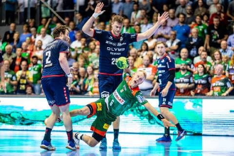 Matthias Musche 6 SC Magdeburg , Maximillian Trost 25 SG BBM Bietigheim , Robin Haller 2 SG BBM Bietigheim during the 2018 2019 season in the 1 Handball Bundesliga Men between SC Magdeburg and SG BBM Bietigheim in the GETEC Arena on 29 May 2019 in Magdeburg, Sachsen Anhalt, Germany