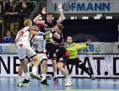 29 05 2019 Handball 1 Bundesliga DKB HBL Season 2018 2019 33 Matchday HC Erlangen Metropolitan Region Nuremberg HCE MT Melsungen OGo Lasse Mikkelsen 15, MT Melsungen Jan Schäffer 25, HC Erlangen HCE Nikolai Link 33, HC Erlangen HCE